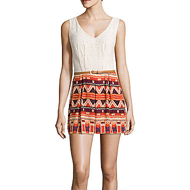 Image of City Triangles Sleeveless Lace Top Printed Short Belted Romper