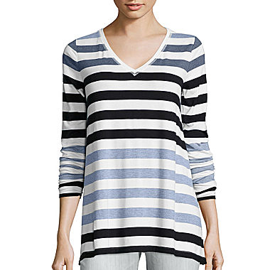 Image of Liz Claiborne Long-Sleeve V-Neck Striped Tunic
